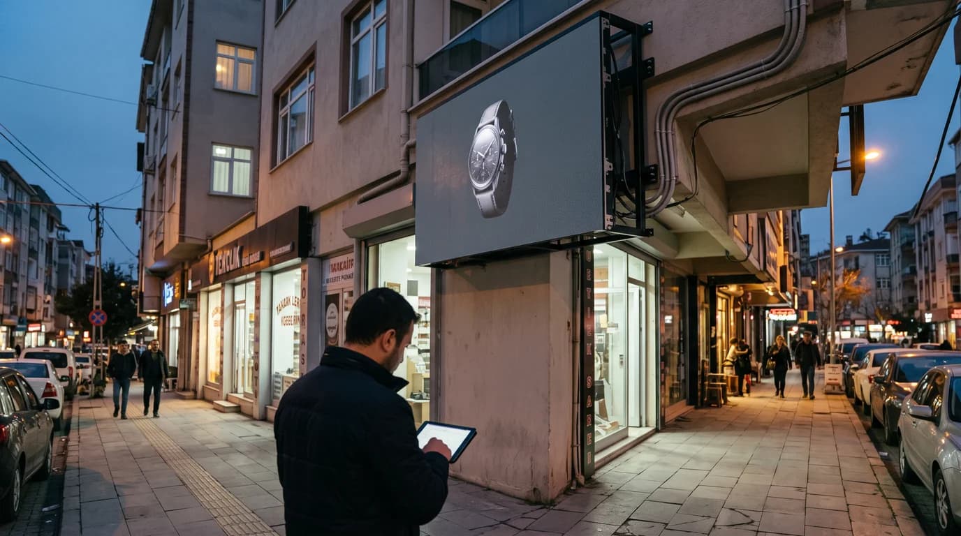 Akşam saatlerinde çevredeki konut ve caddeyle birlikte değerlendirilen temsili cephe ekranı