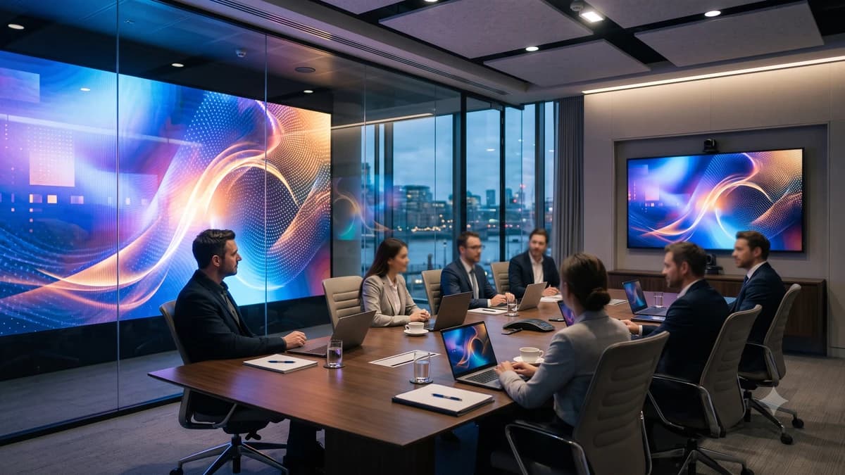 Toplantı salonunda LED ekran ve profesyonel display kullanan kurumsal ekip