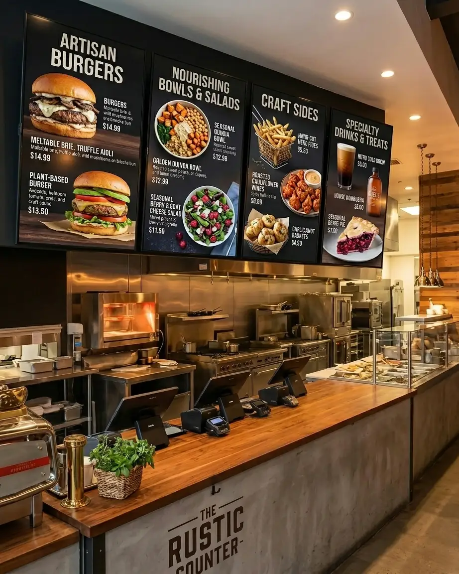 Dijital menü board uygulamasının restoran içi görünümü