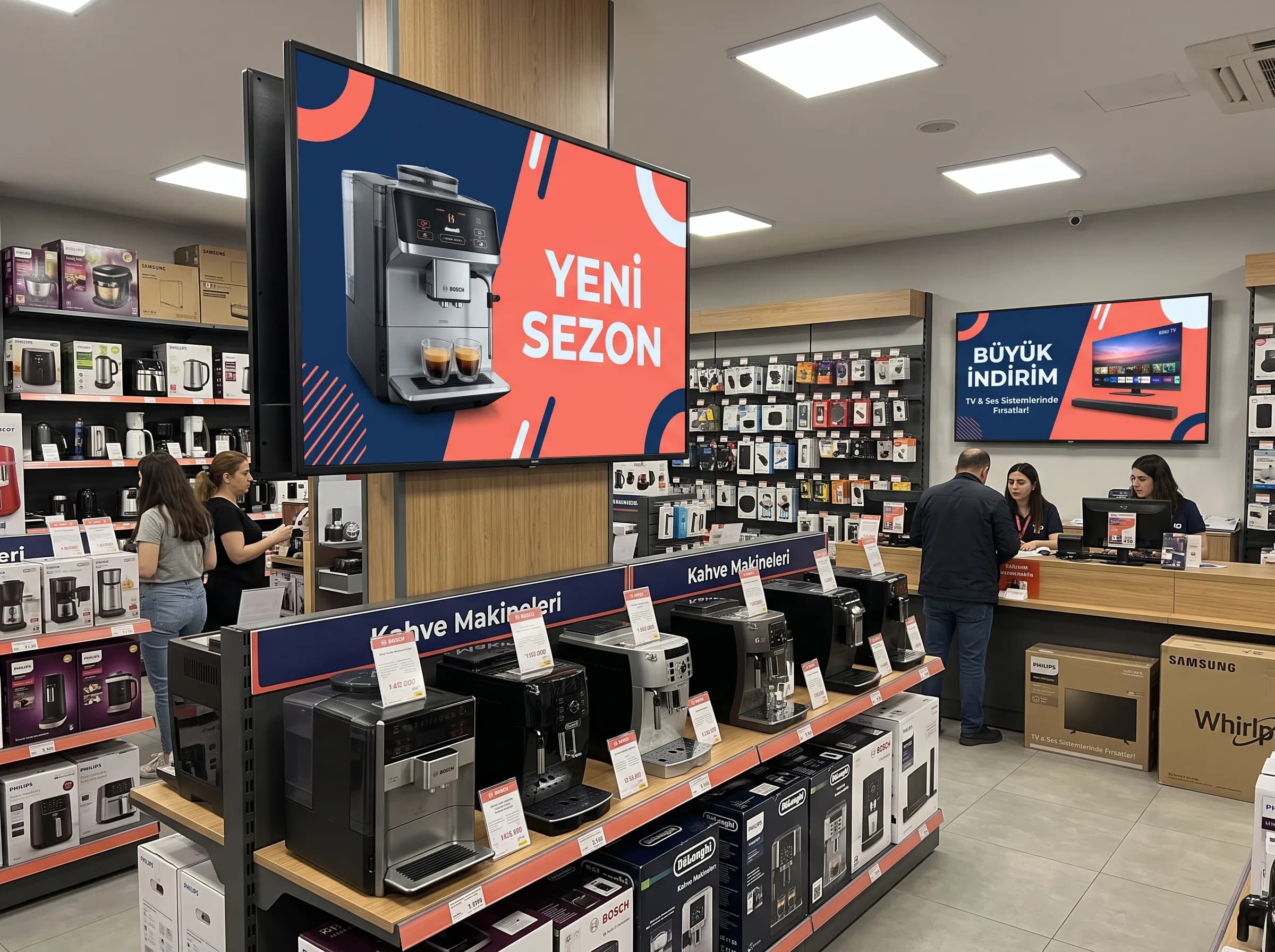 Elektronik mağazasında farklı kampanyalar gösteren iki duvar tipi ekran