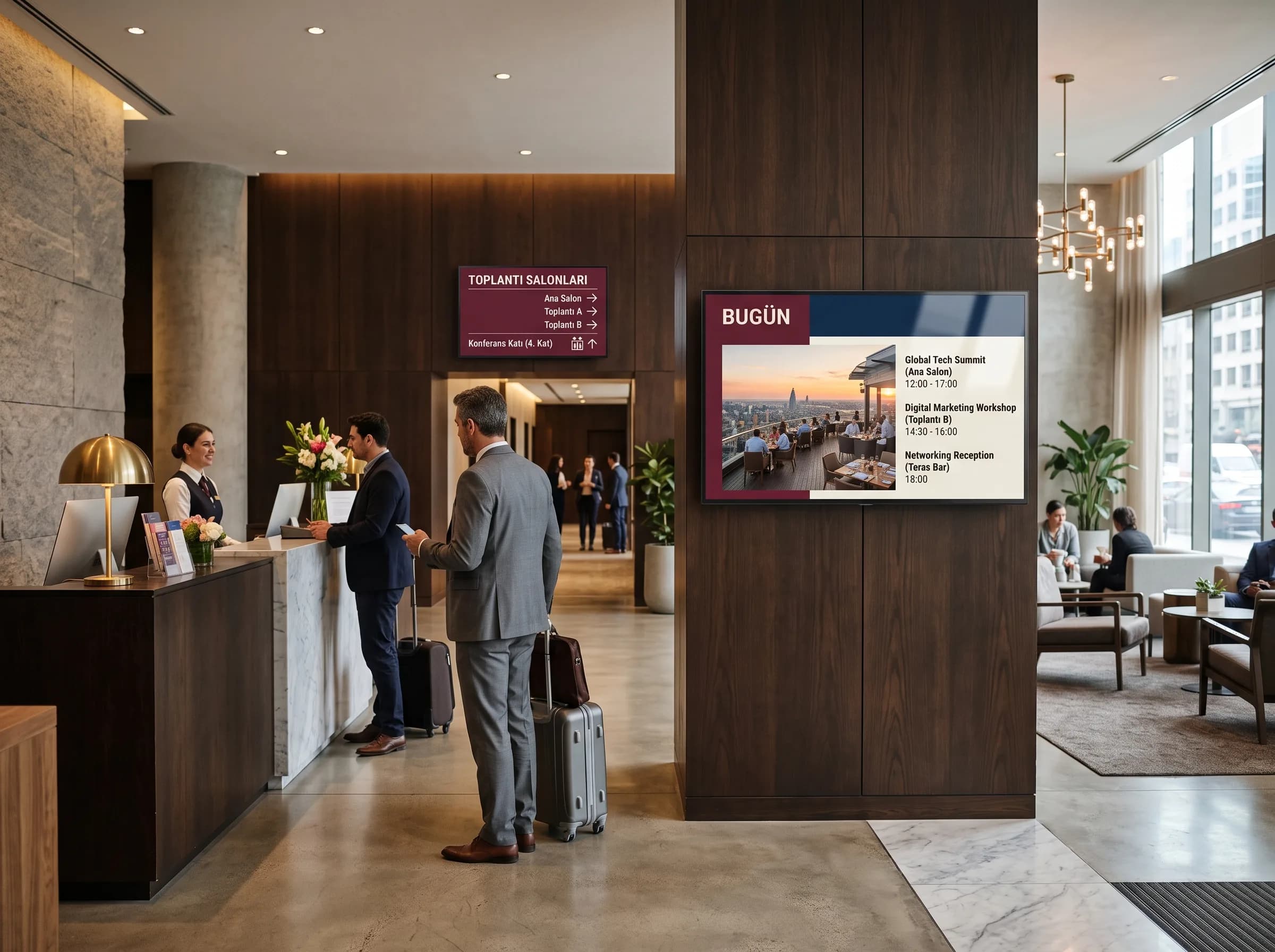 Otel lobisinde etkinlik programı ve yönlendirme gösteren duvar tipi dijital ekranlar