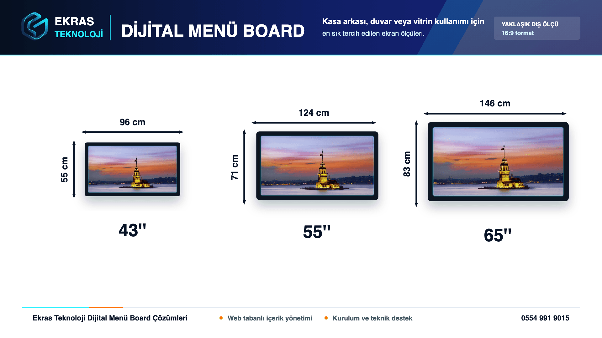 Dijital menü board 43, 50, 55, 65, 75 ve 85 inç ekran ölçüleri