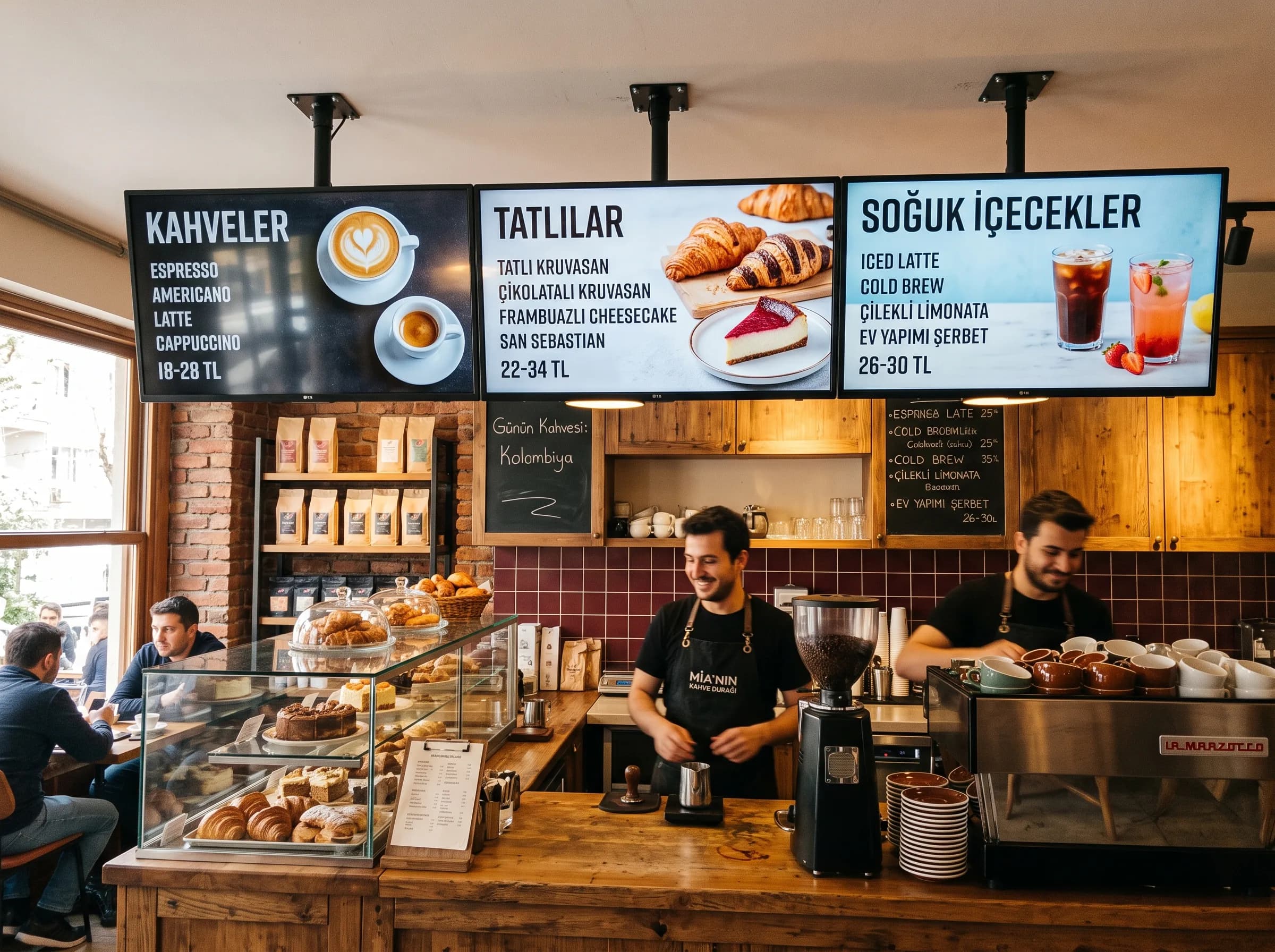 Kafe tezgâhı arkasında kahve, tatlı ve içecek menülerini gösteren üç dijital ekran