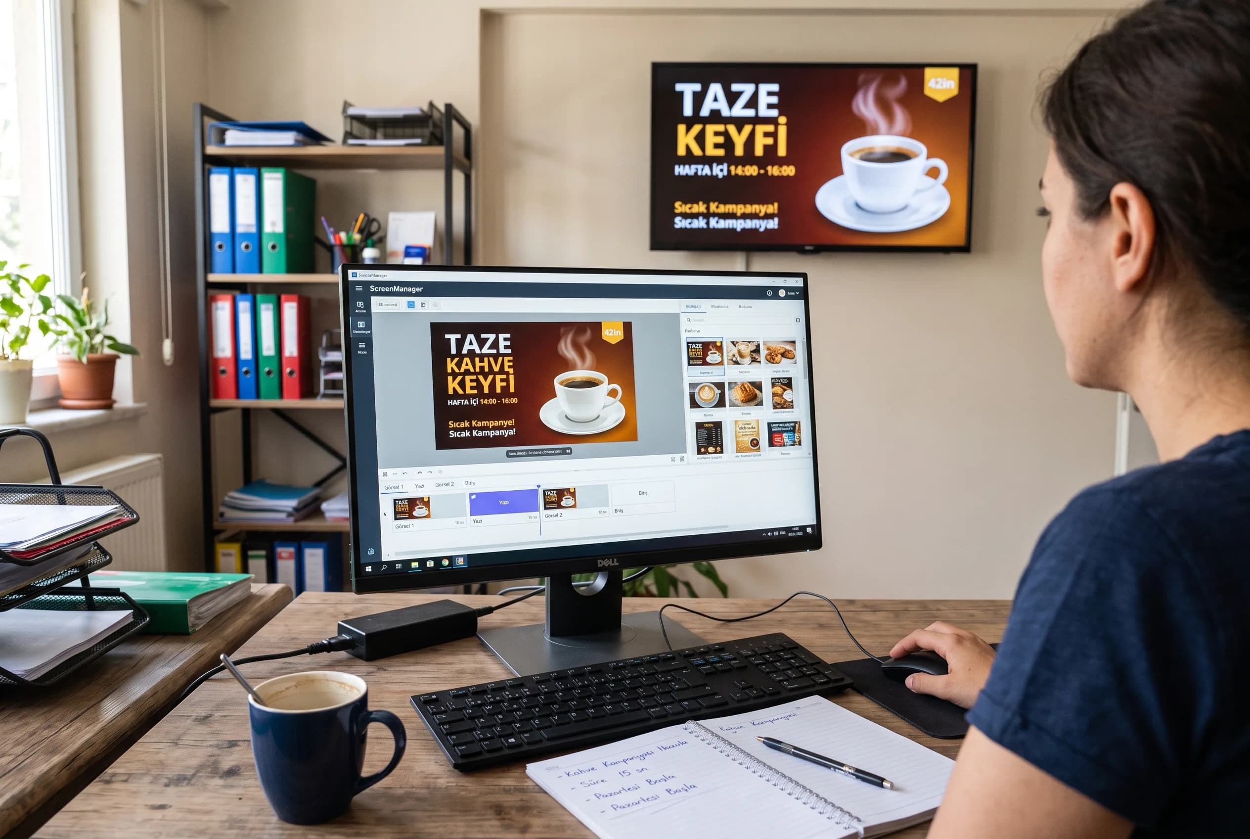 Bilgisayarda kafe kampanyası hazırlayan kişi ve duvarda yayınlanan ekran