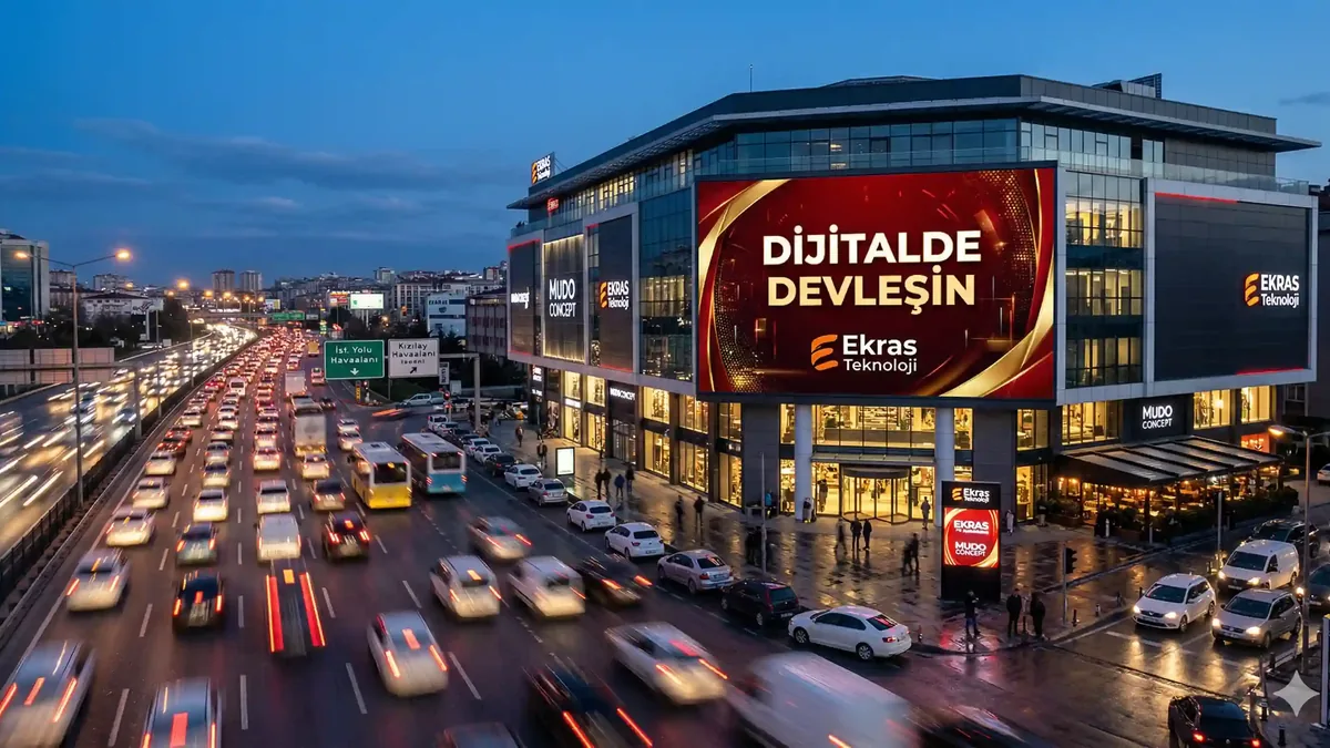 Ankara'da dış mekan LED ekran cephe kurulumu — İstanbul Yolu ve Konya Yolu üzerinde 7/24 görünürlük