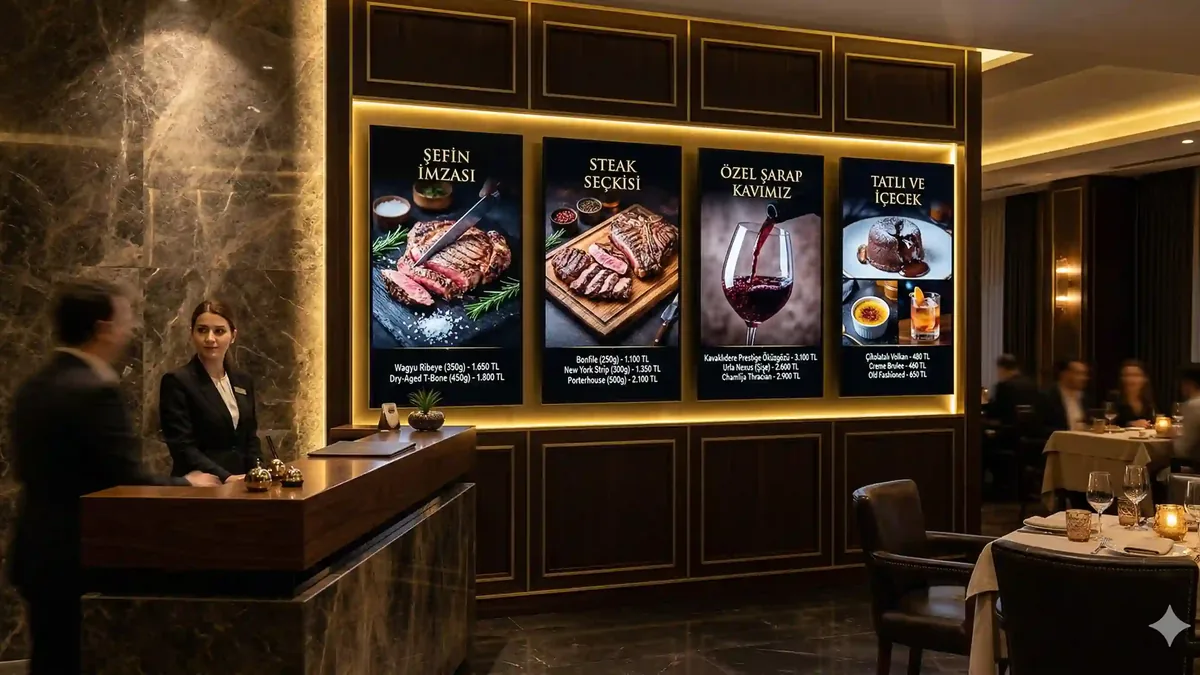 Çayyolu ve Ümitköy lüks restoranlarında premium dijital menü board ekranı