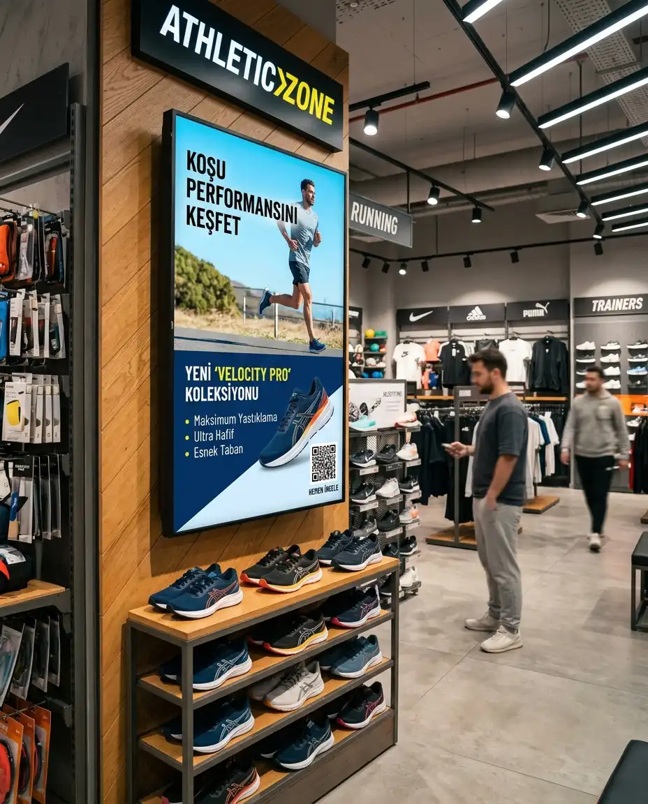 Spor mağazasında kullanılan dijital bilgilendirme ekranı uygulaması
